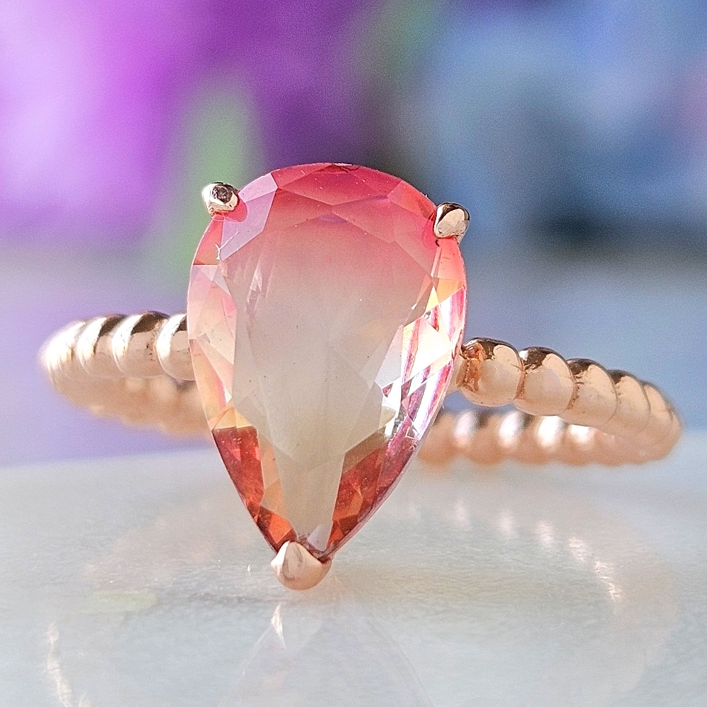 Peach Ombre Pear Cut Gemstone ring, 925 Sterling Silver, 18k Rose Gold - Picture 1 of 9